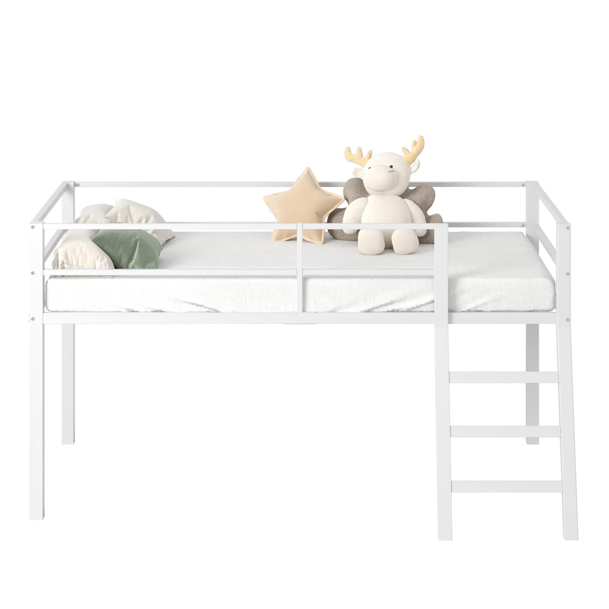 Lutown-Teen Loft Bed Twin Size, Low Junior Metal Twin Loft Bed with Stairs and Safety Guard, Noise Free and Space Saving, White Lutown-Teen