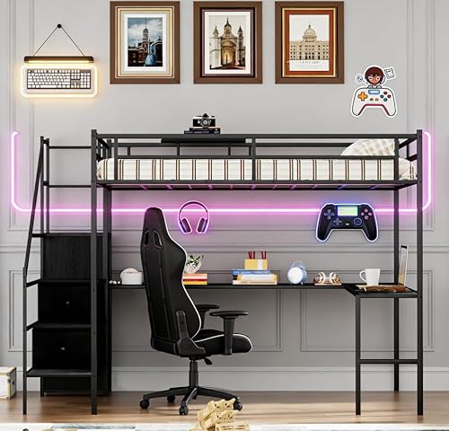 Bellemave Full loft Bed with Storage Stairs, Wardrobe, Shelves, Metal Full Loft Bed Frame with L-Shaped Desk for Adults, Kids, Teens, Black with Charging Cradle Bellemave