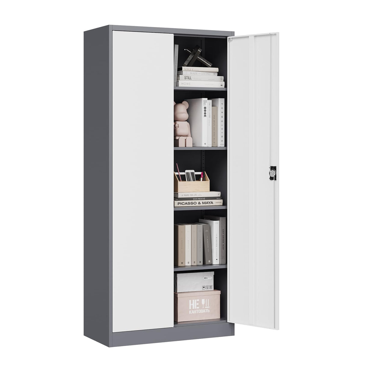 MIIIKO Home Office Storage Cabinet with Shelves and Doors, Metal Utility Cabinets with 2 Locking Doors and 5 Shelves, Tall Steel Locker Cabinets or Garage, Kithen, Pantry and Classroom MIIIKO
