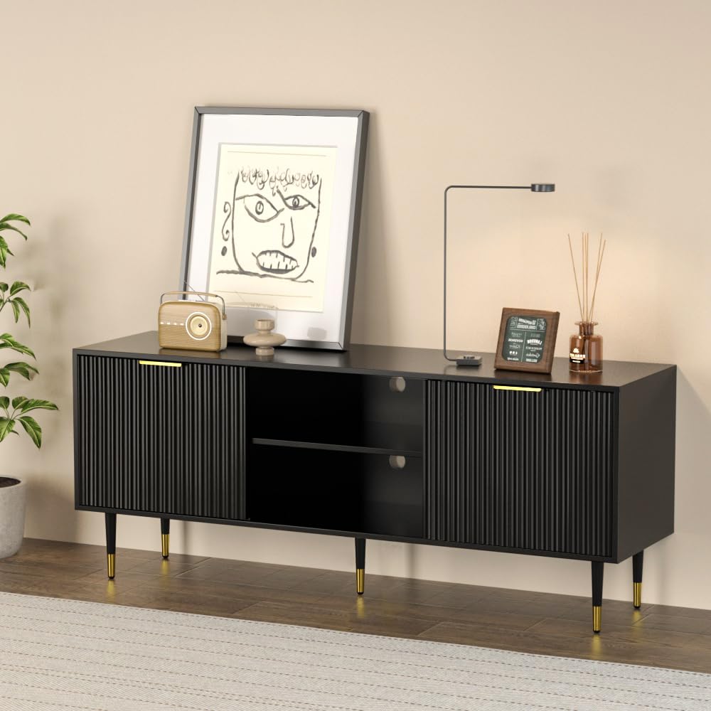 TV Stand for 65 Inch TV, Black TV Stand Entertainment Center with Storage, Fluted Waveform Doors TV Console Table with Sliding Doors & Adjustable Shelves, TV Stand for Living Room Bedroom, Black SYESWAY