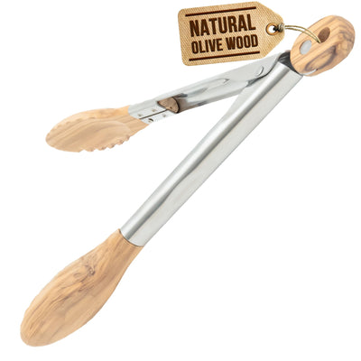 Boxiki Kitchen Tongs for Cooking with Wooden Tips - Wooden Tongs Ideal for BBQ, Salad, Toaster, Bread & Pickles - Made of Natural Olive Wood, Size 12 Inch