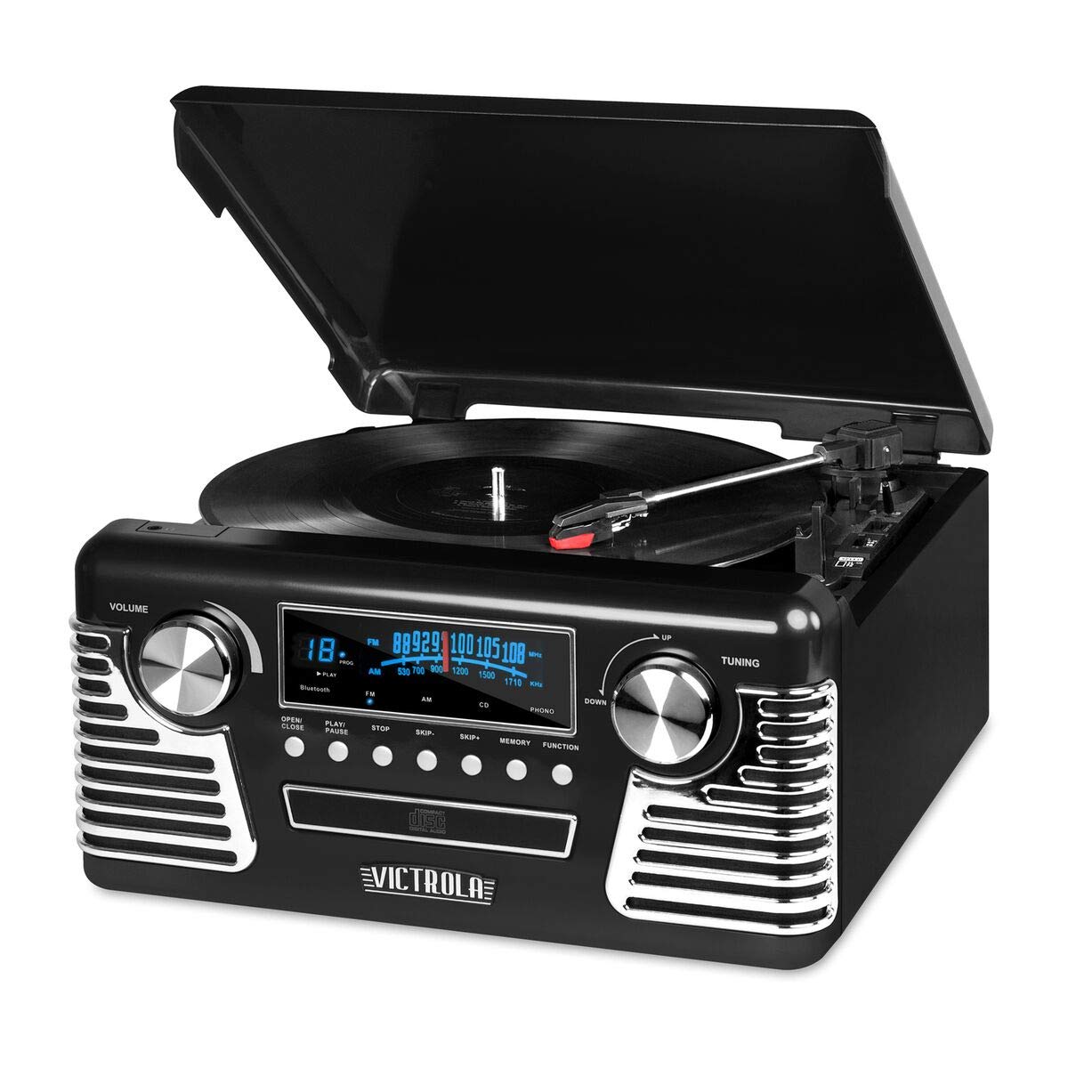 Victrola 50's Retro Bluetooth Record Player & Multimedia Center with Built-in Speakers - 3-Speed Turntable, CD Player, AM/FM Radio | Wireless Music Streaming | Black Victrola