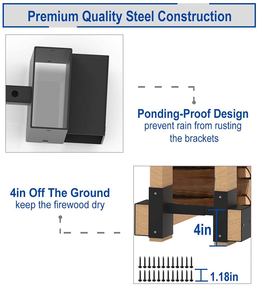 Artibear Depth Adjustable Firewood Rack Brackets for Outdoor, 2x4 Wood Storage Holder Kit for Indoor Fireplace, 2 Packs (2x4s not Include) Artibear
