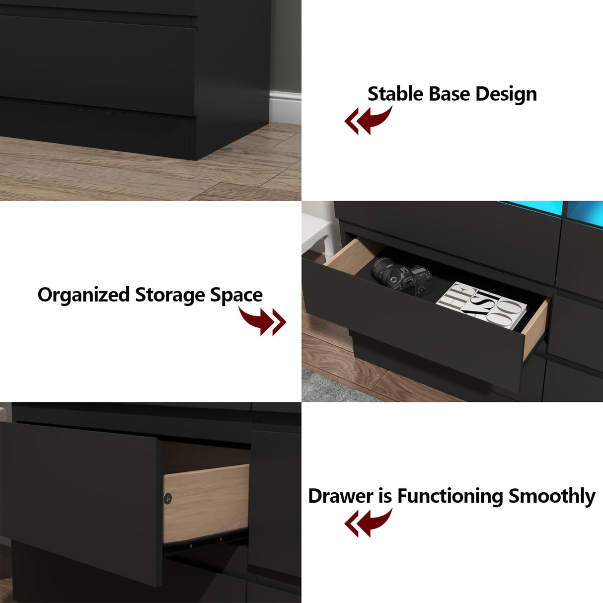 Loomie 9 Drawers Dresser, White Drawer Cabinet with Power Outlet, Accent Chests of Drawers with LED Light, Modern Storage Chest for Bedroom, Living Room (9 Drawers Black) Loomie