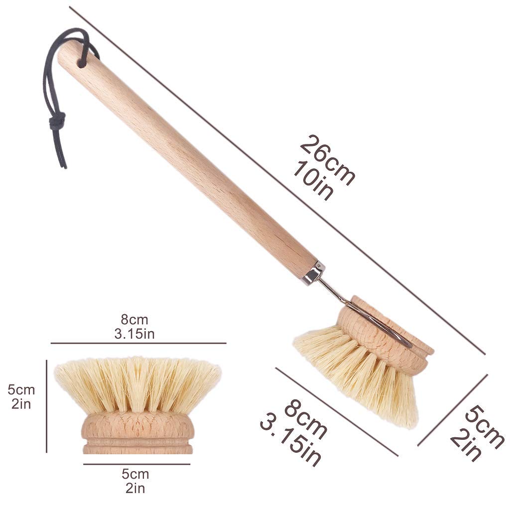 AMERWASH PLUS Dish Brush with Wooden Handle, Natural Kitchen Brush for Dishes Vegetable, Pots and Pans, Tampico Fiber Bristles Scrubber, Extra 3 Pack Replacement Head Included AMERWASH PLUS