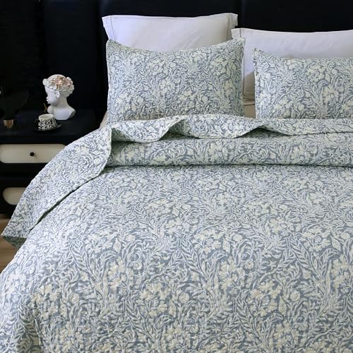 DURLENGEN Quilt Set California King Size 3Pcs,Bluish Grey Printed with Beige Leaves Pattern,Soft Microfiber Lightweight Bedspread for All Season Layering(112x104,Beige Botanical) DURLENGEN