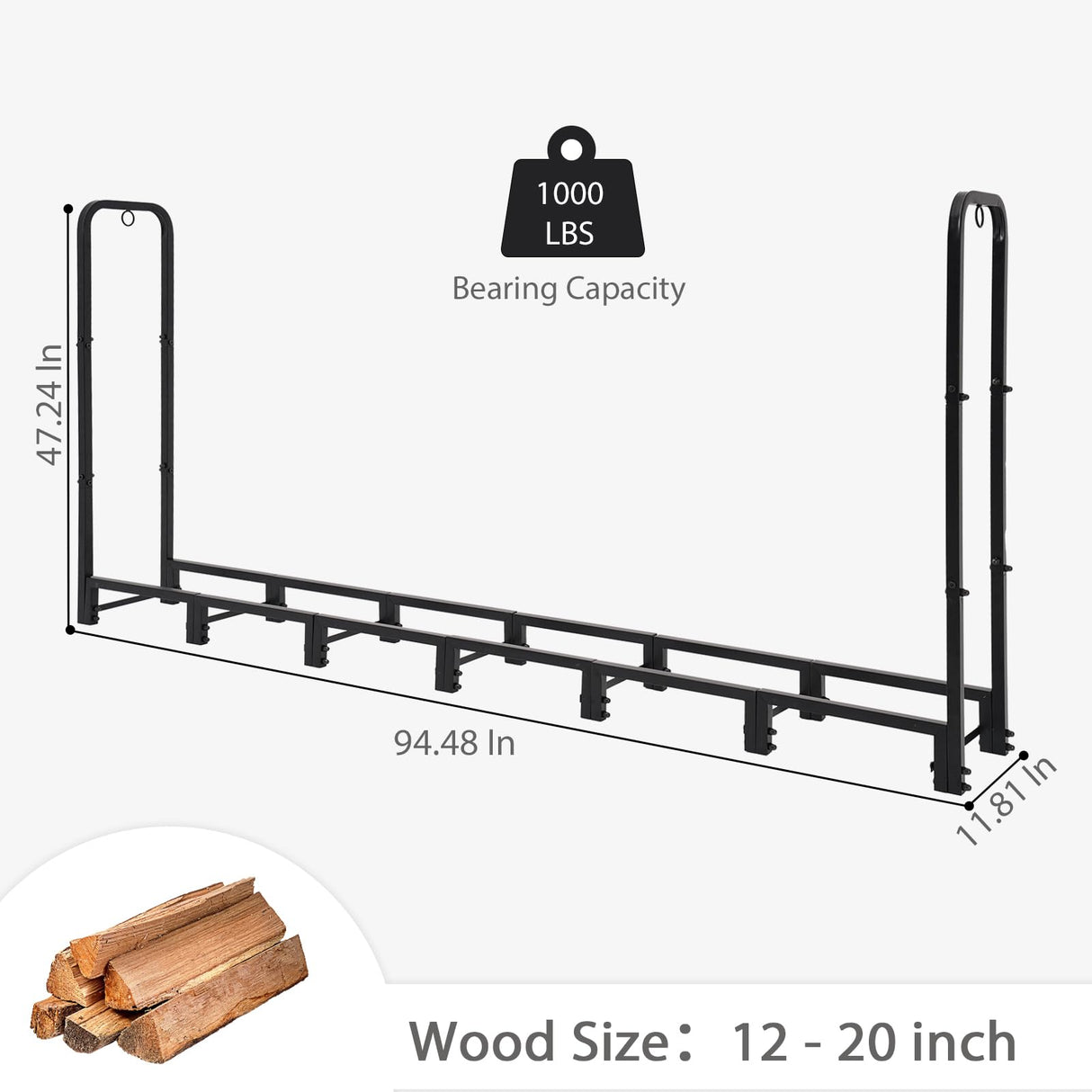 NEOCOZY 8FT Firewood Rack Outdoor with Cover, Heavy Duty Wood Holder with Log Carrier, Adjustable & Waterproof Log Holder Wood Storage Stand for Fireplace Patio Outdoor, Black NEOCOZY