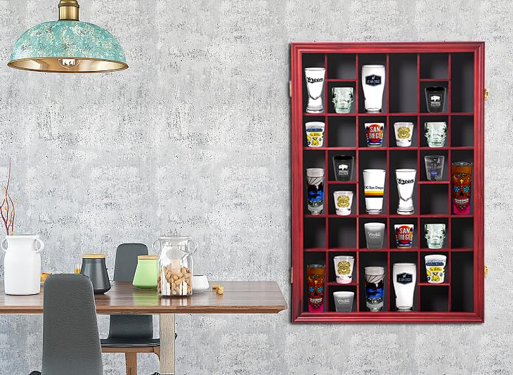 Furnishh 36 Slots Shot Glass Display Case with Lockable Door, Solid Wood Cabinet Collection Holder Wall Mounted Shot Glass Display Storage Box with Removable Shelves, 18"x26", Mahogany Furnishh