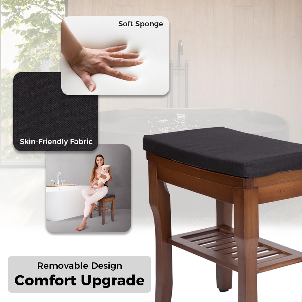 StrongTek Bamboo Shower Bench Seat with Soft Cushion, Footrest Shaving Stool with Storage Shelf, Non-Slip, Ideal for Spa Bath Seat, Bathroom, Living Room & Garden Decor, Espresso StrongTek