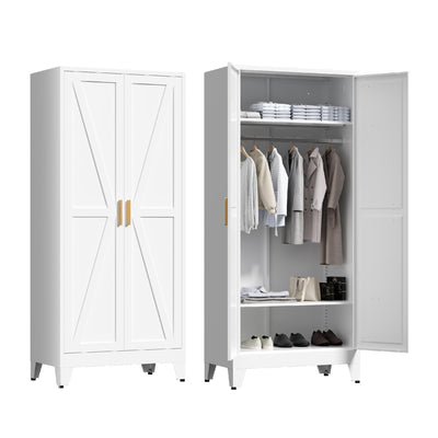 Washsemba 71'' Farmhouse Metal Wardrobe Cabinet with Hanging Rod, 2 Barn Door Wardrobe Closet with 2 Adjustable Shelves,for Dining Room,Bedroom,Living Room, Cloak Room,Office (White)