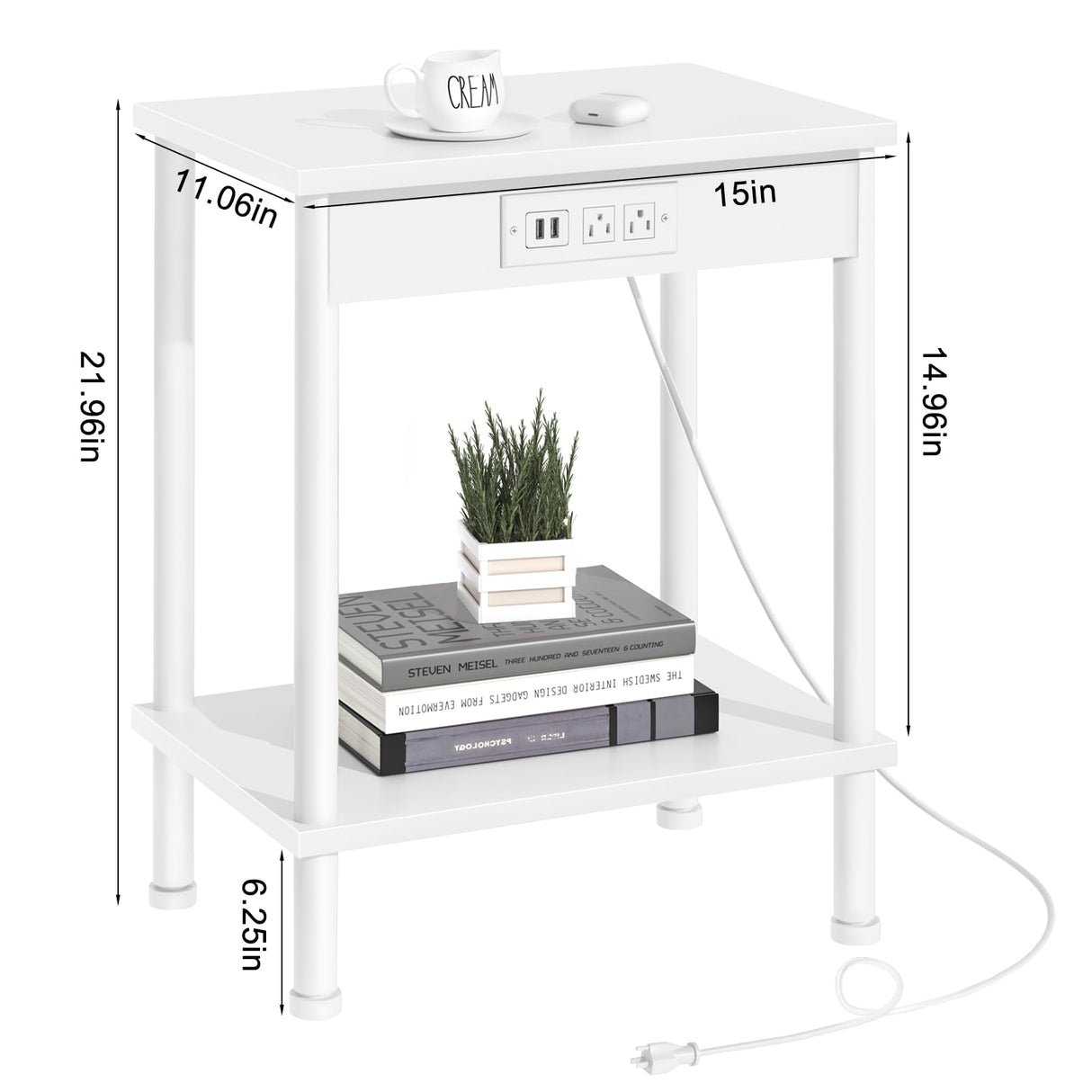 YUFAM End Table with Charging Station,Small Side Table,2-Tier Nightstand with Storage Shelf,Sofa Bedside Table for Small Spaces in Living Room,Bedroom,Office,Easy Assembly,White YUFAM