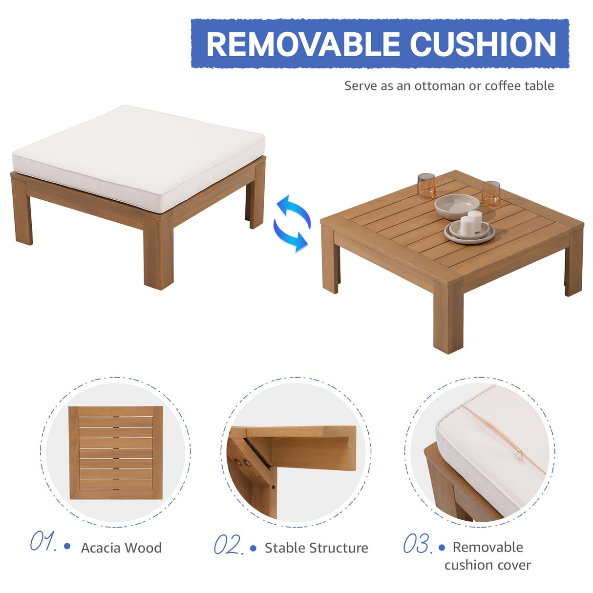 SUNSITT 6 Piece Acacia Wood Patio Furniture Outdoor Sectional Sofa Set with Adjustable Armrest, FSC Certified L-shaped Patio Set w/2-in-1 Coffee Table, Cream White Cushions for Garden SUNSITT