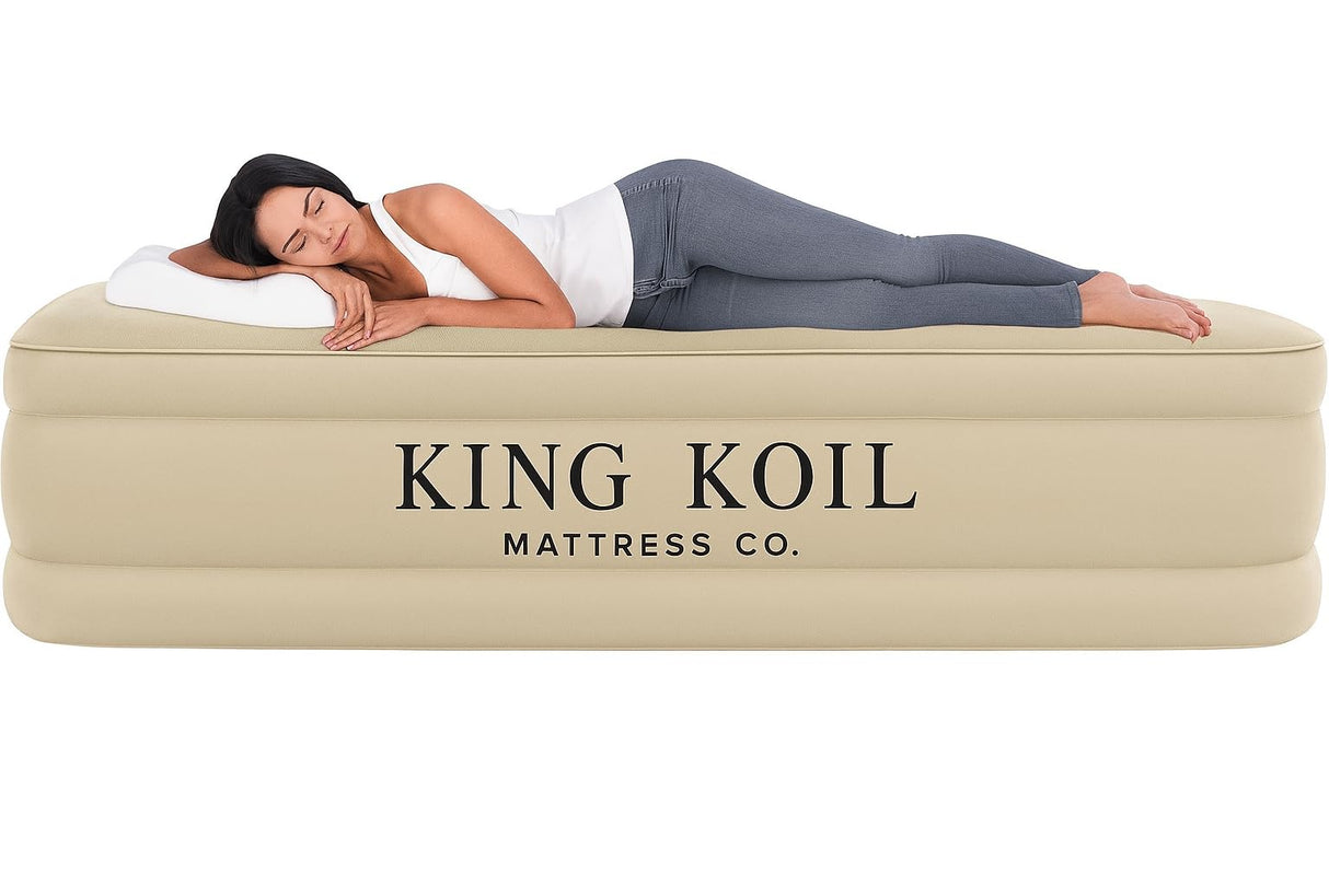 King Koil Luxury Twin Air Mattress with Built-in High Speed Pump for Camping, Home & Guests - 16" Twin Size Double High Airbed Luxury Inflatable Blow Up Mattress Waterproof King Koil