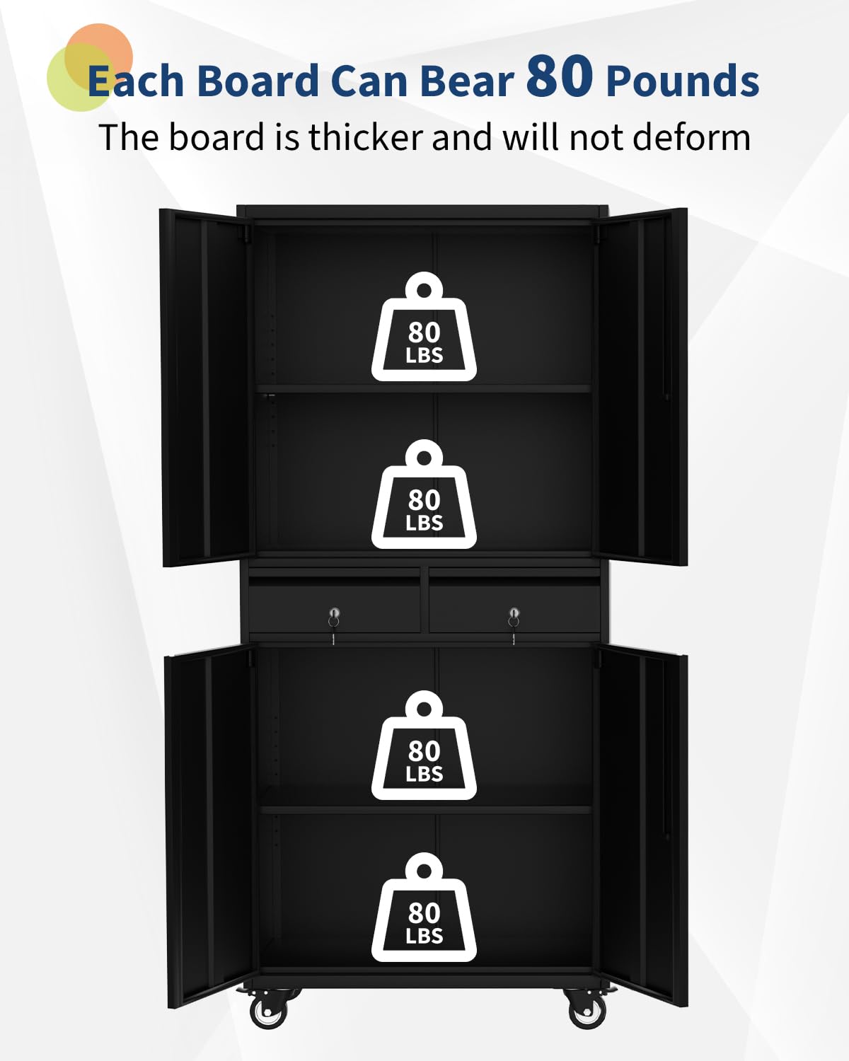 GarveeHome 72" Metal Storage Cabinet with Wheels, Locking Doors & 2 Drawers,Heavy Duty Rolling Garage Organizer with 3 Adjustable Shelves (with Wheels, with 2 Draws) GarveeHome