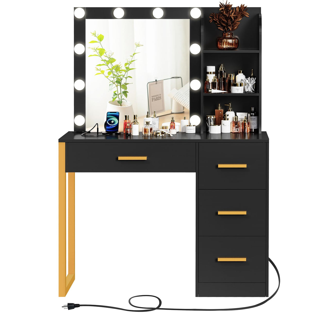 FIONESO Makeup Vanity Desk with Mirror & Lights, Vanity Desk with 4 Drawers & Charging Station, Dressing Vanity Table with Open Storage Shelves, 3 Color Modes, Vanity Table for Bedroom, Black FIONESO