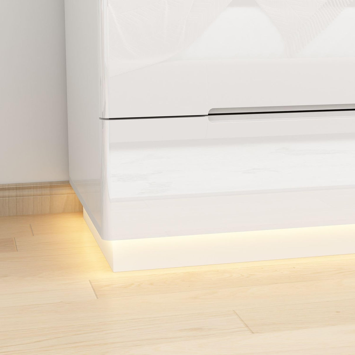 MOUMON High Gloss Dresser with Lights Chest of Drawers, Modern Glossy 8 Drawer Dresser with Curved Edge, for Bedroom White 15.7“D x 63”W x 30.9”H MOUMON