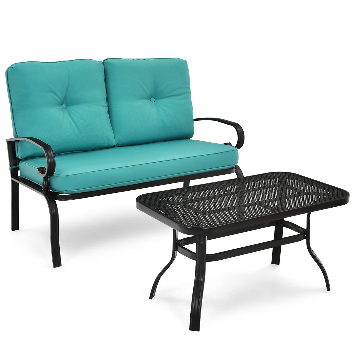 Giantex Patio Loveseat with Coffee Table Outdoor Bench with Cushion and Metal Frame, Loveseat Porch Furniture Set Sofa for Garden, Yard, Patio or Poolside Giantex