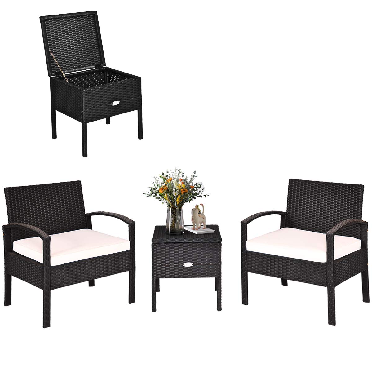 COSTWAY Rattan Patio Furniture Set 3 Pieces, Wicker Conversation Set with Tempered Glass Coffee Table, Seat Cushions, Outdoor Chair Wicker Sofa for Backyard Balcony Porch Poolside, White COSTWAY