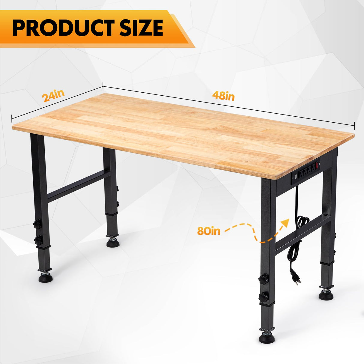 48" Height Adjustable Workbench, 2000 LBS Load Capacity Rubber Wood Top Workstation with Power Outlet and Foot Pads, Heavy-Duty Hardwood Worktable for Garage Workshop (with foot pads and socket,48'') GVGBUK