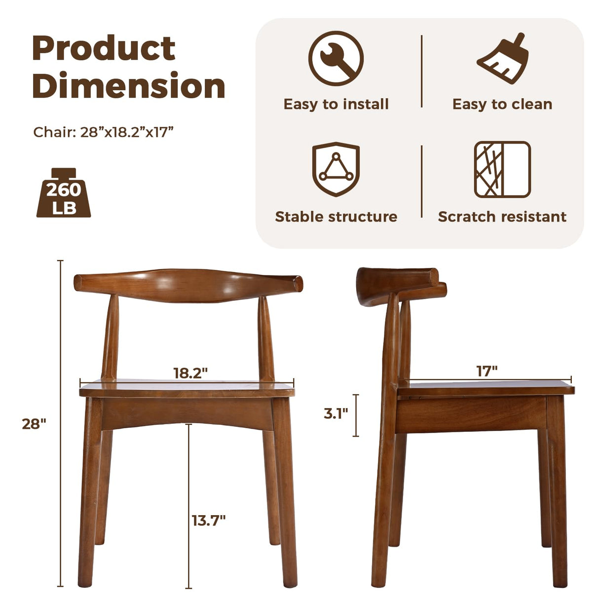 DELAVIN Solid Wood Dining Chairs Set of 4,Kitchen Chairs with Solid Oak Wood Legs, Farmhouse Style High Ladder Back Dining Room Chairs,Walnut DELAVIN