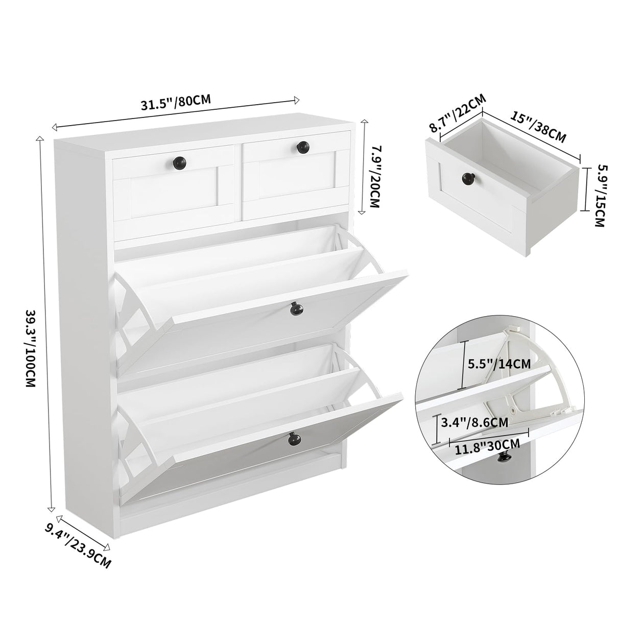 VOWNER Shoe Cabinet with 2 Flip Drawers & 2 Drawers, Freestanding Shoe Storage Cabinet with Adjustable Shelves, Shoe Organizer for Entryway, Hallway, Living Room (White) VOWNER