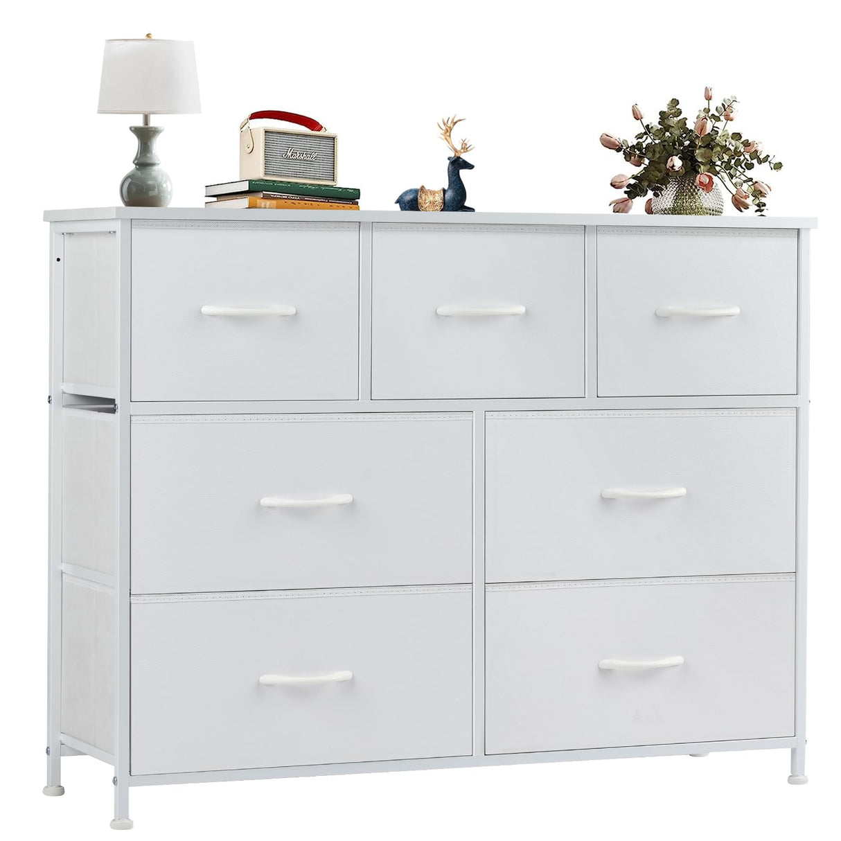 OLIXIS Dresser for Bedroom, 7 Storage Drawers, Wide Fabric Closet Chests Organizer Tower Furniture, TV Stand with Wooden Top Metal Frame for Clothes, Living Room, Hallway, Entryway, Classic White OLIXIS