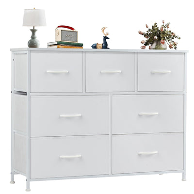 OLIXIS Dresser for Bedroom, 7 Storage Drawers, Wide Fabric Closet Chests Organizer Tower Furniture, TV Stand with Wooden Top Metal Frame for Clothes, Living Room, Hallway, Entryway, Classic White