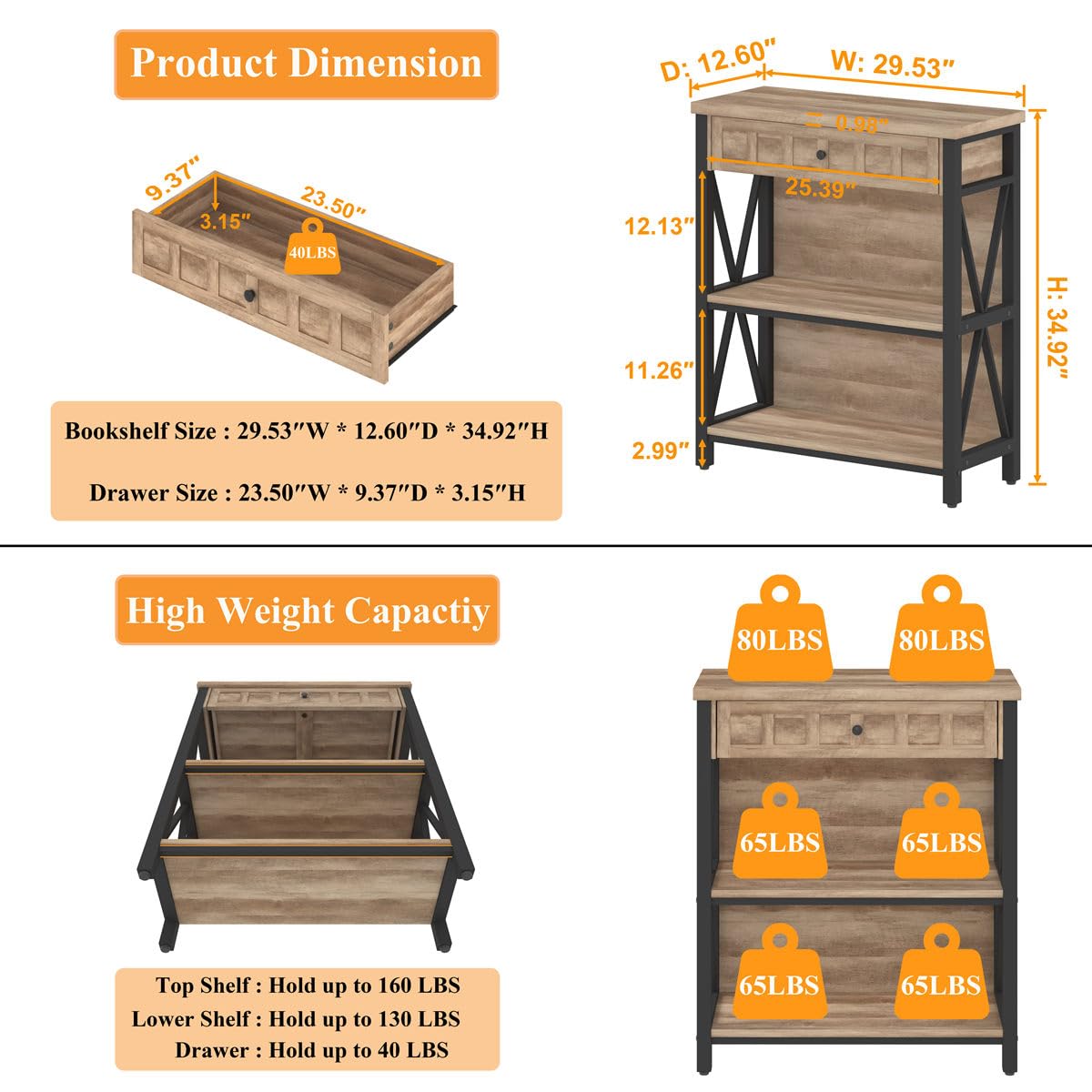 FATORRI Rustic Bookshelf with Drawer, Industrial Wood and Metal Bookcase, Small Short Book Shelf and Low Book case for Small Space (Rustic Oak) FATORRI