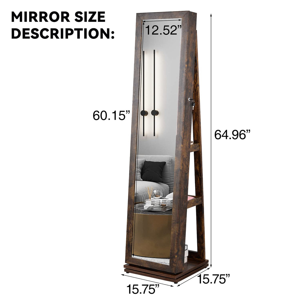 BOSTANA Jewelry Armoire 65" H, Full Length Mirror with Storage 360° Swivel, Storage Shelves, Lockable Standing Jewelry Cabinet Organizer with Large Storage Capacity, Valentine's Day Gift, Brown BOSTANA
