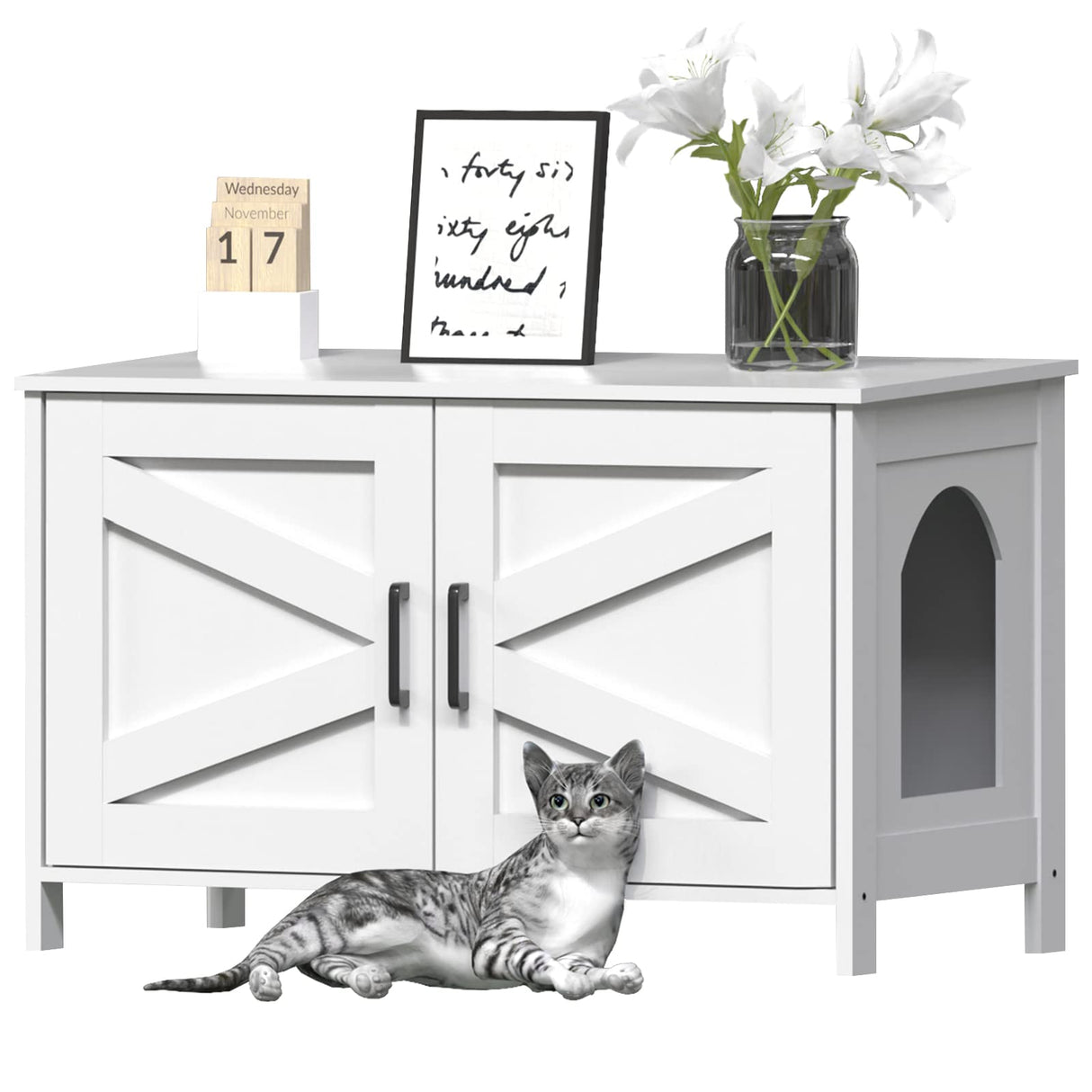 Homhedy Cat Litter Box Enclosure,Litter Box Furniture Hidden with Barn Door,Wooden Cat Washroom Furniture,Cat House,Fit Most of Litter Box,White Homhedy