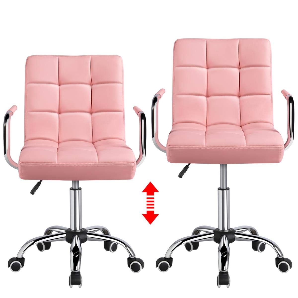 Yaheetech Desk Chairs with Wheels/Armrests Modern PU Leather Office Chair Height Adjustable Home Computer Executive Chair on Wheels 360° Swivel - Pink Yaheetech