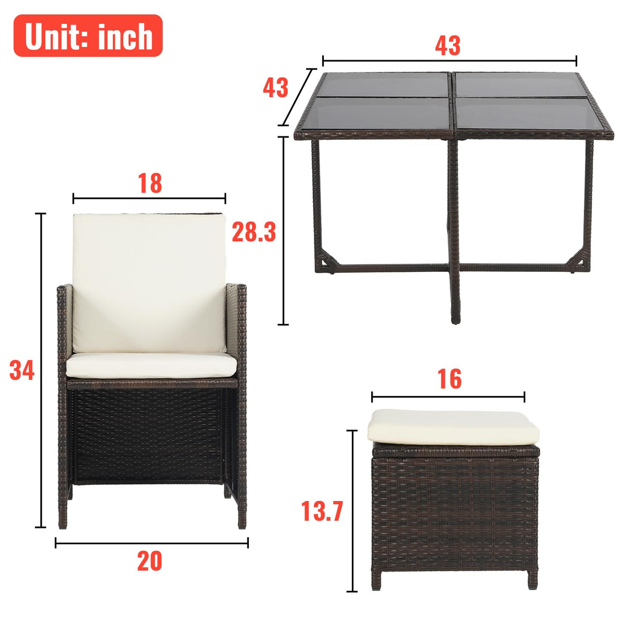 Outdoor Patio Furniture Set 9 Pieces Patio Dining Sets Space Saving Wicker Furniture with 4 Rattan Chairs 4 Ottomans and Glass Table for Outdoor Backyard Porch Poolside Balcony,Khaki Cushion PayLessHere