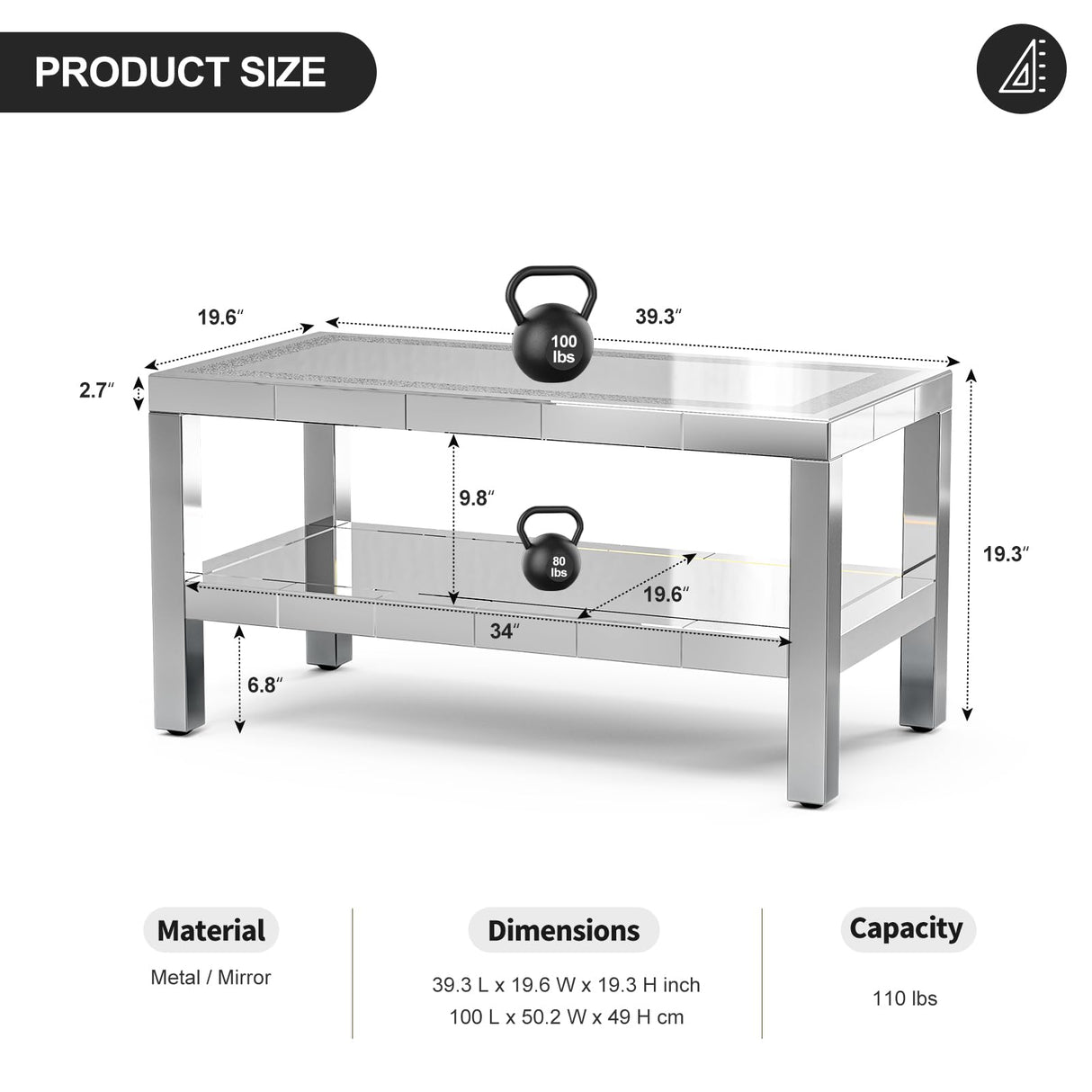IKIFLY Mirrored 2 Tiers Coffee Table with LED, Rectangle Mirrored Coffee Table with Crushed Diamond and Stainless Steel Legs, Silver Living Room Table IKIFLY