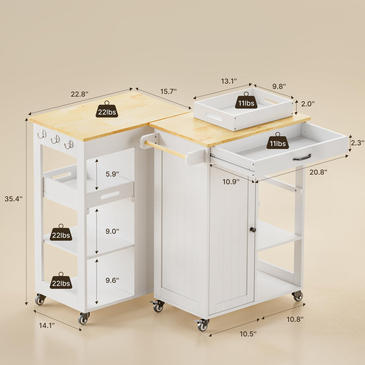 Gizoon Kitchen Island Cart with Removable Tray, 27.6''W Rolling Utility Trolley Cart with Drawer, Cabinet, Towel Rack, Hooks and 3 Open Storage Shelves, Mobile Storage Cart for Dining Room, Bar, White Gizoon