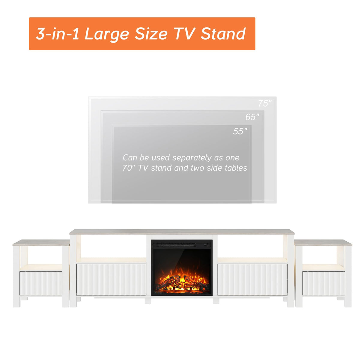 WAMPAT Living Room Table Set of 3, Modern Fireplace TV Stand for 75 inch TV with 5 Storages, 2 Wood End Table LED Night Stand with Door for Living Room, Bedroom, White WAMPAT