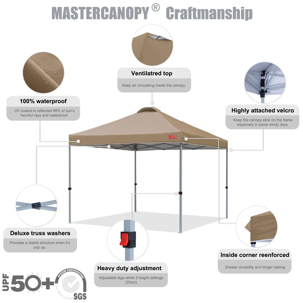 MASTERCANOPY Durable Pop-up Canopy Tent with Roller Bag (10x10, Khaki) MASTERCANOPY