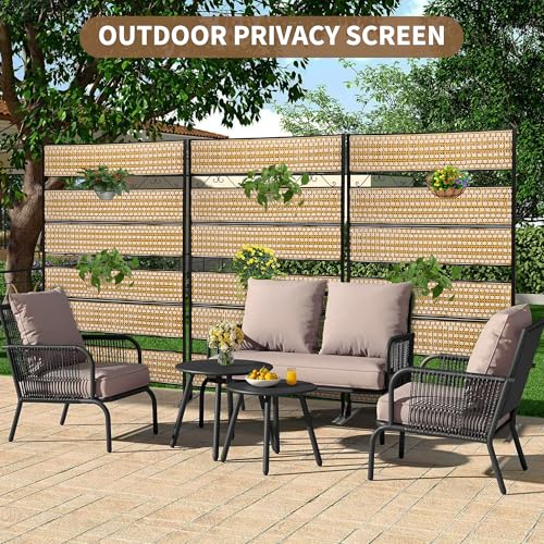 73" H×45" W Rattan Outdoor Privacy Screen Freestanding for Patio, Balcony Metal Privacy Screen and Room Divider for Garden, Apartment, Deck(Beige) ilitphke