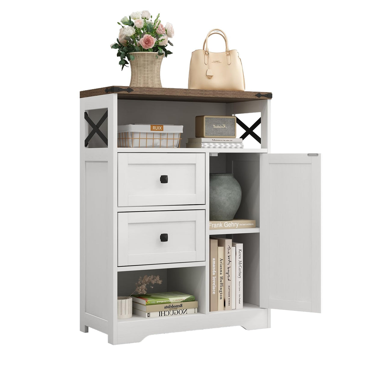 Fameill White Farmhouse Storage Cabinet with 2 Drawers & Shelves,Freestanding Storage Cabinet with Doors & Open Storage,Floor Storage Cabinet for Living Room,Bathroom,Kitchen,Laundry Fameill