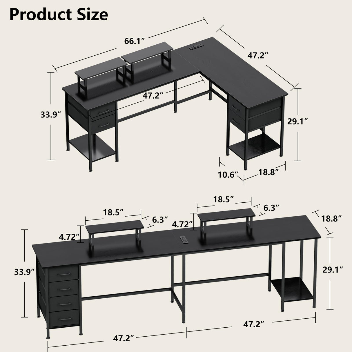 Korfile 66" L Shaped Computer Desk with Power Outlets, Corner Desk with 2 Monitor Stands, Home Office Desk with 4 Adjustable Storage Drawers & Shelves, Large Desk for Gaming Writing Study Work, Black Korfile