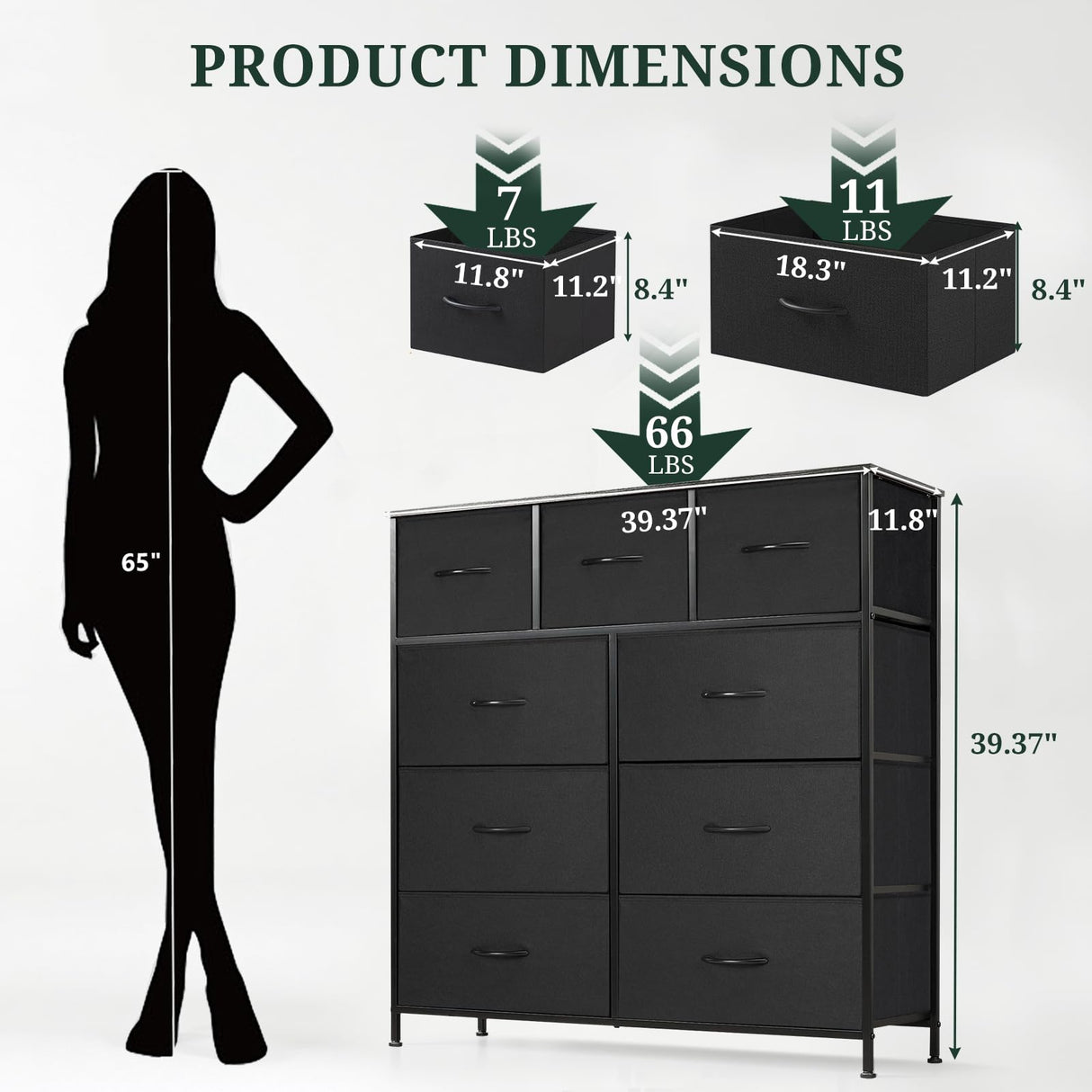 9-Drawer Dresser for Bedroom, Anti-Tip Tall Storage Organizer Chest of Drawers with Wooden Top and Metal Frame Fabric Bins for Closet, Living Room, Hallway, Entryway, Black SageNest