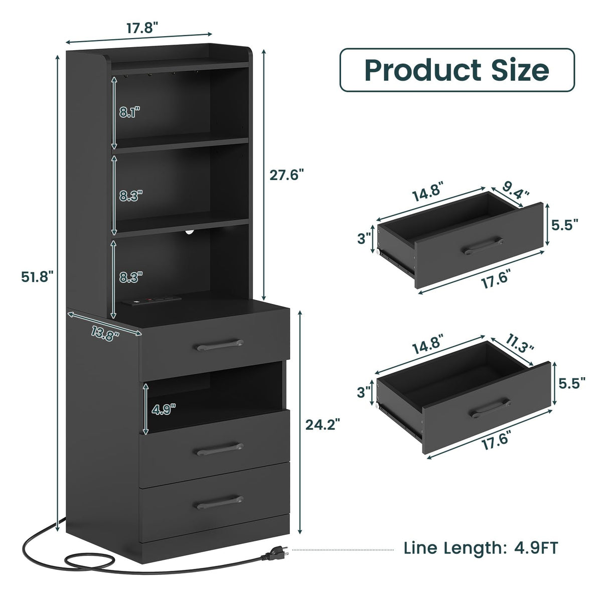 AOGLLATI Tall Night Stand Set of 2 with Charging Station and LED Lights, Black Nightstand with 3 Drawers and Adjustable Shelves, Modern Bedside Table with Bookshelf for Bedroom AOGLLATI