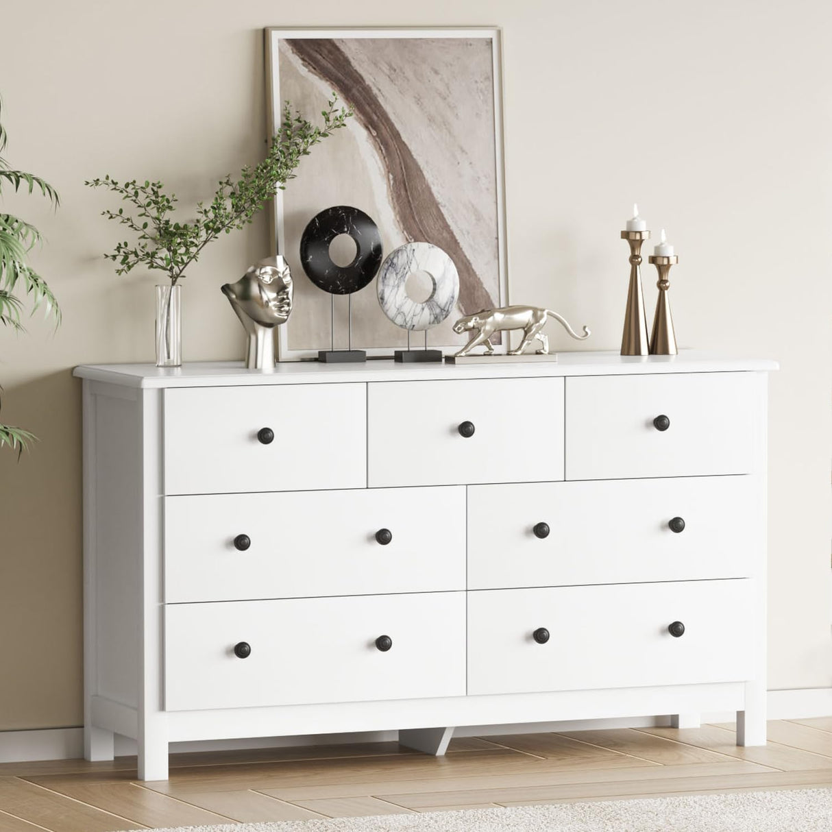 HOUROM White Dresser for Bedroom, 7 Drawer Chest of Drawer with Metal Handle and Wide Drawer, Modern Wood Double Storage Organizer Dresser for Living Room, Hallway, Entryway HOUROM