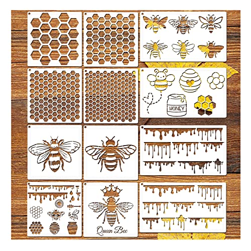 12 Pieces Bee Honeycomb Stencil, Reusable Bee Stencils for Painting on Wood Signs Furniture DIY Crafts Wall Canvas Fabric Plastic Drawing Template Hexagon Paint Wood Burning Stencils (bee) Hosomono