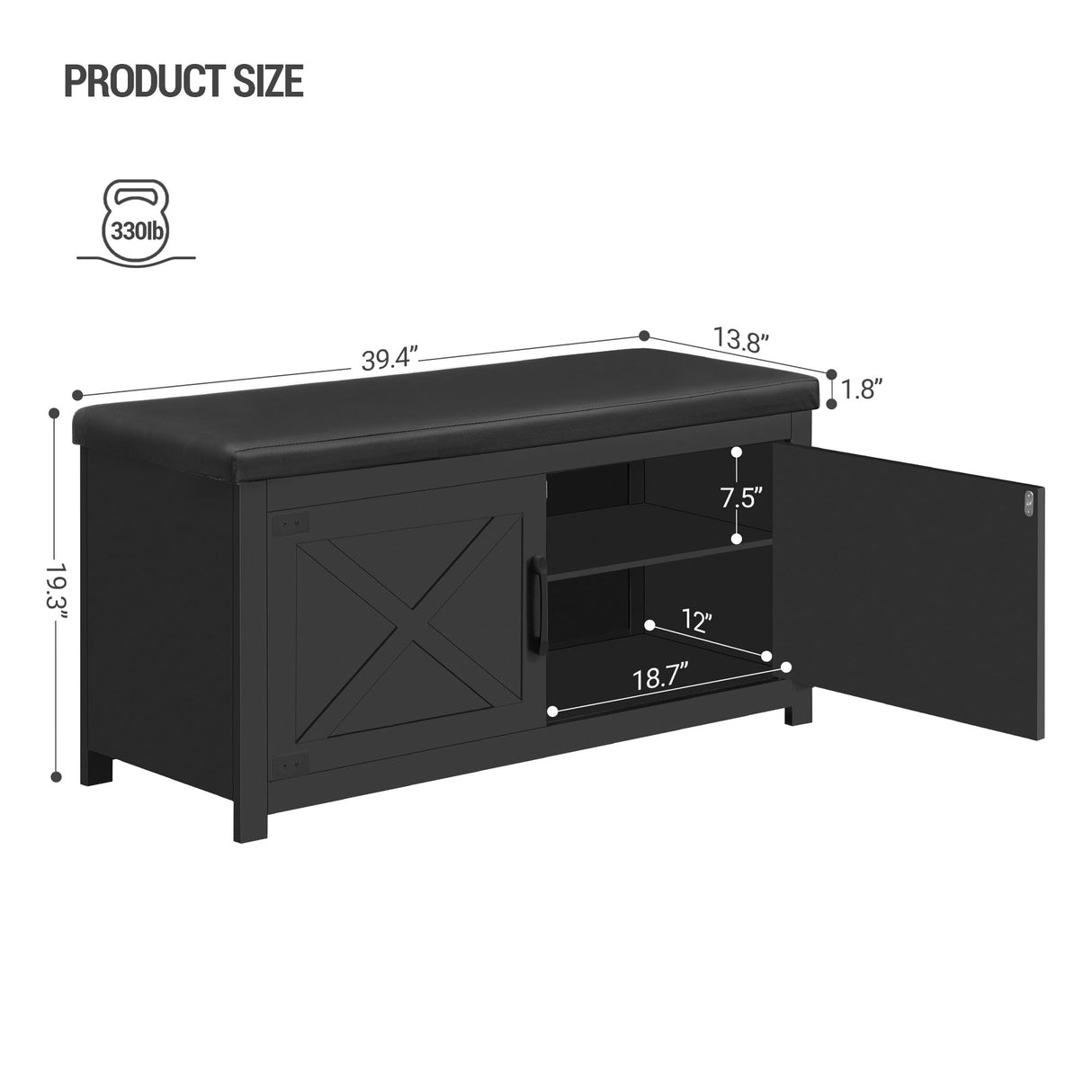 Hzuaneri Farmhouse Shoe Storage Bench, 2 Tier Shoe Bench with Padded Seat Cushion & 2 Barn Doors, Entryway Bench with Adjustable Shelf, Shoe Cabinet for Living Room, Bedroom, Black SB26606BK Hzuaneri