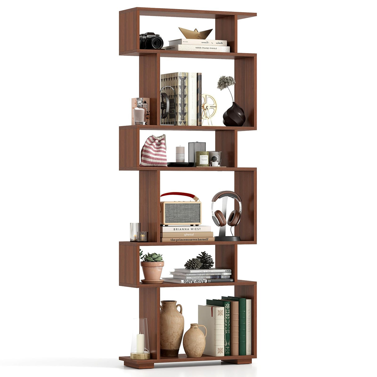 Tangkula 6-Tier S-Shaped Bookshelf, 64" Freestanding Geometric Bookcase, Home Office Wood Storage Shelf with Anti-Toppling Device, Room Divider Display Rack for Study, Living Room (1, Walnut) Tangkula