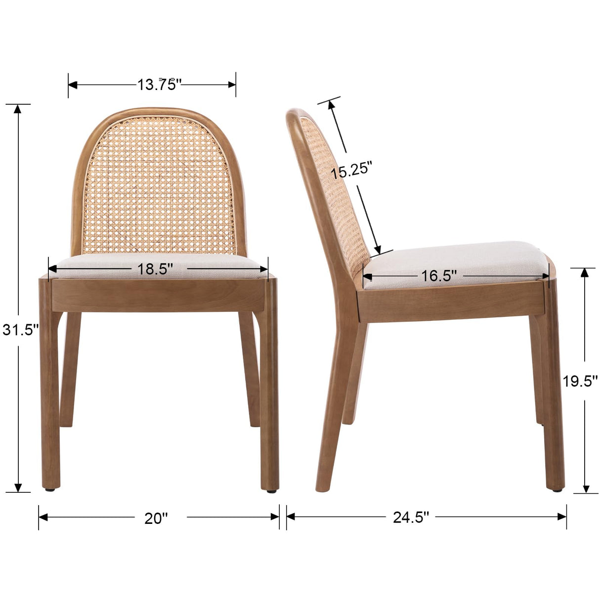 Ya-Home Mid Century Dining Chairs Set of 4, Accent Rattan Linen Fabric Side Chairs Kitchen Chair with Solid Wooden Legs for Living Room Dining Room, Beige Ya-Home