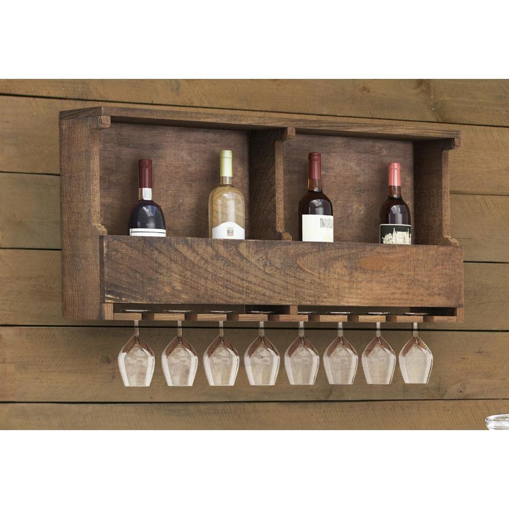 Alaterre Furniture Pomona Wall-Mounted Solid Pine/Reclaimed Wood Wine Rack with Glass Holder and Shelf Ledge, Rustic Industrial Home Bar Furniture with Natural Finish | Holds 8 Standard Wine Glasses Alaterre Furniture