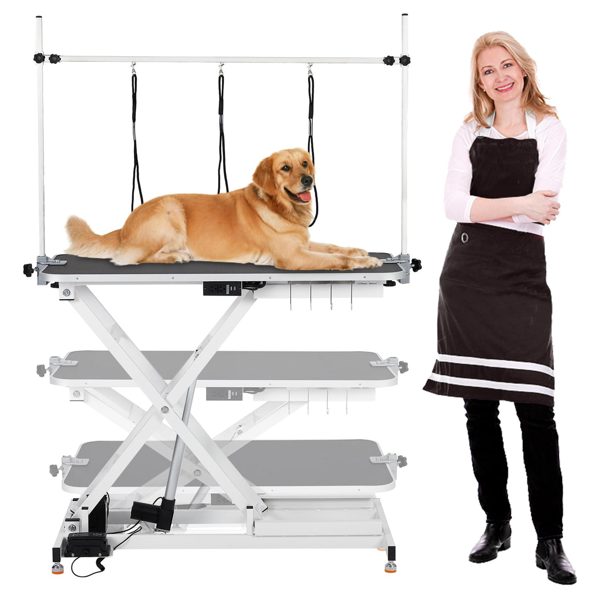 Electric Dog Grooming Table, 9"- 40" Height Adjustable Heavy Duty Electric Pet Grooming Tables with Anti Slip Tabletop, 3 Grooming Noose, for Dogs&Cats, White ChicCoutured