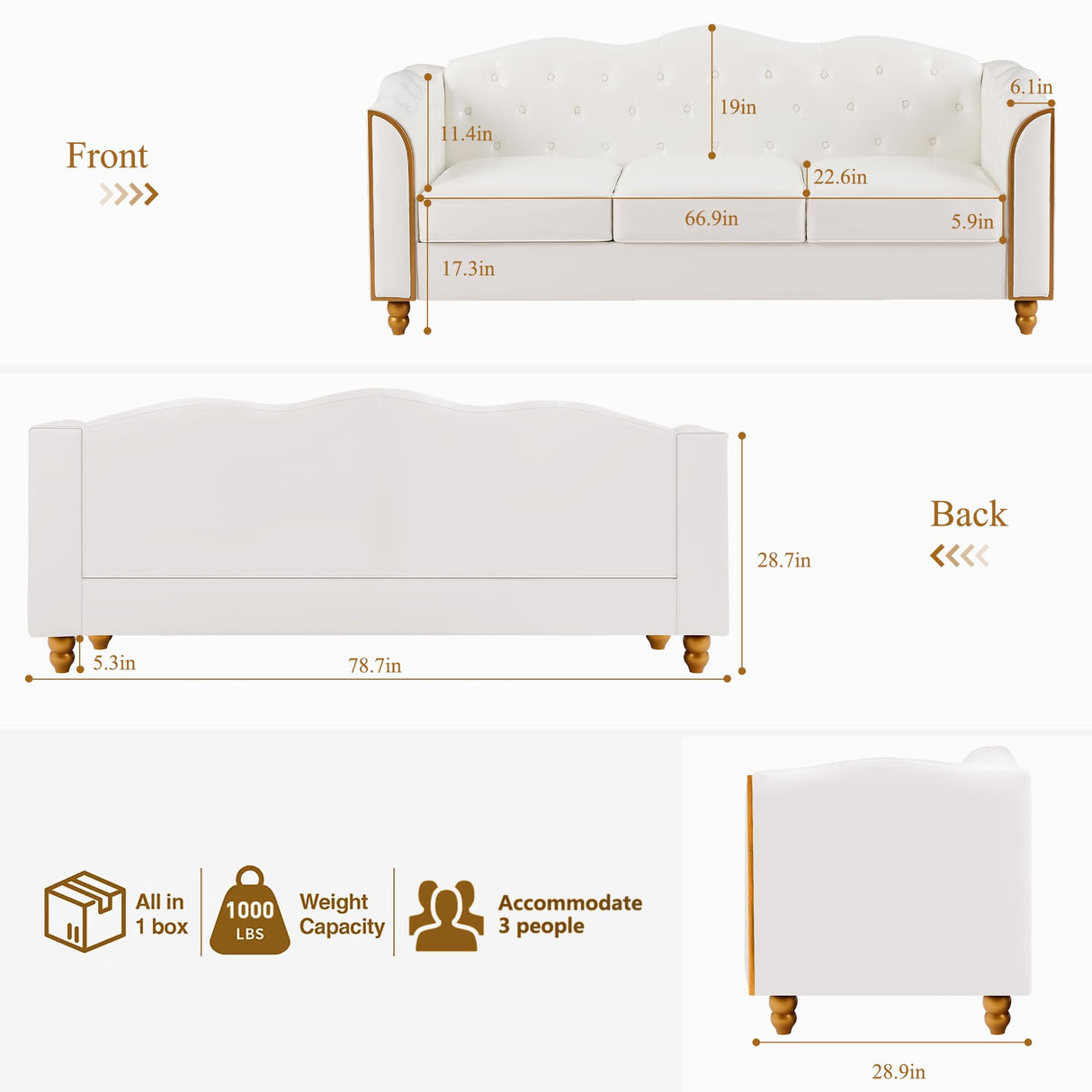 HITHOS 78" Leather Sofa Couch, Soft 3 Seater Sofa Couches for Living Room, Button Tufted Comfy Couch Modern Sofa with Upholstered Cushion, Gold Trim, Solid Wood Legs for Dorm Bedroom Apartment, White HITHOS