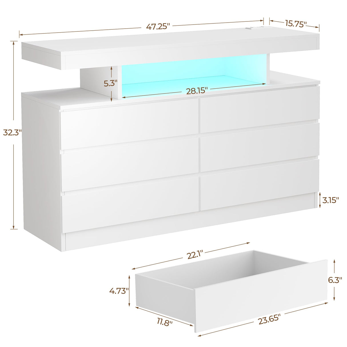 BEWISHOME White Dresser for Bedroom with Charging Station and LED Lights, 6 Drawer Dresser Chests of Drawers, Wood Dresser for Closet, Modern Wide Dresser with Open Space, TV Stand, White KCG02W BEWISHOME